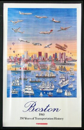 a poster with a city and boats