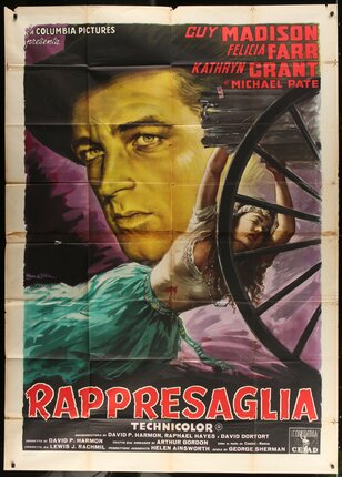 a movie poster of a man in a wagon wheel