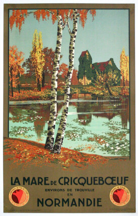 a poster of a forest with trees and water