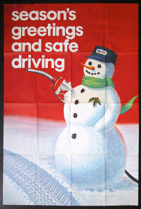 a poster of a snowman holding a gas pump