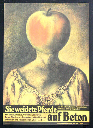 a poster with an apple on the head