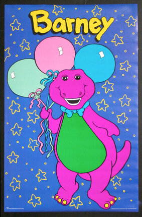 a poster with a cartoon dinosaur holding balloons
