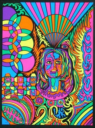 a colorful poster with a woman's face