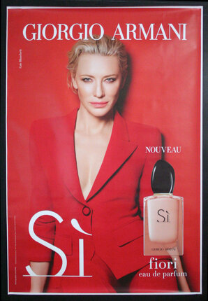 a poster of a woman in a red suit