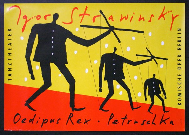 a poster with black silhouettes of people