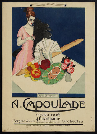 a poster with an overhead view of a woman looking at a table of food