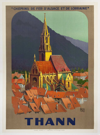 a poster of a church and rooftops