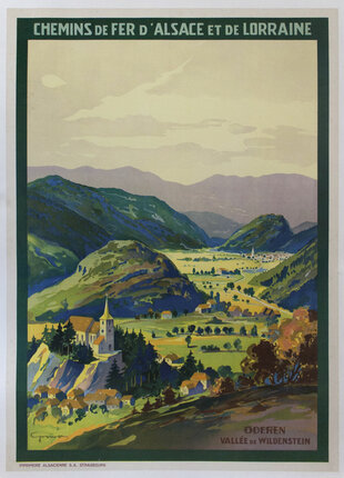 a poster of a town in the mountains