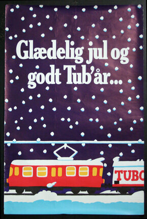 a poster with a train and a trolley