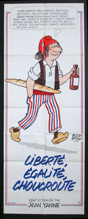 a poster of a man holding a bottle and baguette