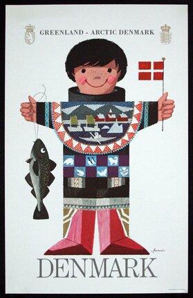 a cartoon of a boy holding a flag and a fish