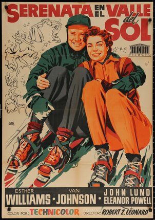 a poster of a man and woman on skis