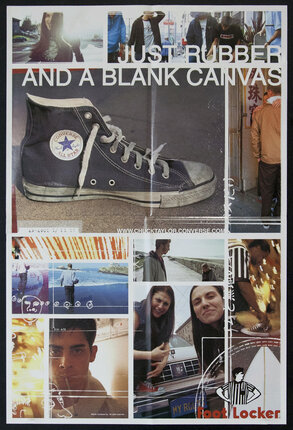 a poster with a shoe and pictures of people