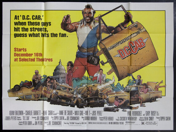 a poster of a man holding a toolbox and a group of cars