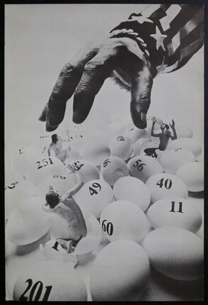 a hand reaching out to a pile of white eggs with numbers