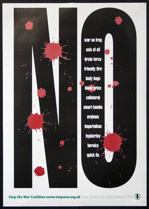 a black and white poster with red splatters