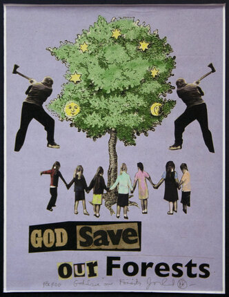 a poster with people holding hands and a tree