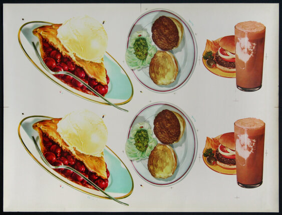 a poster of food on plates and a glass of milkshake