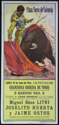 a poster of a man holding a red cape and a bull