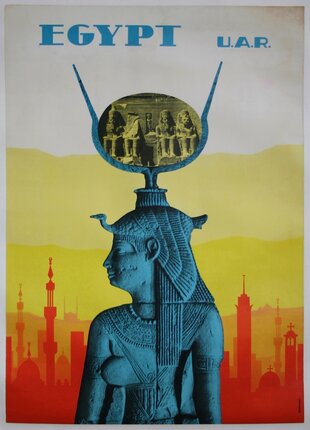 a poster of a man with a statue on top of his head