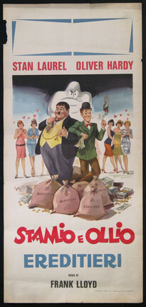 a poster of a man and a man standing on money bags