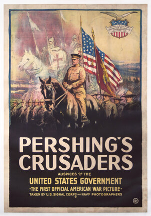 a poster of a military man riding a horse with flags