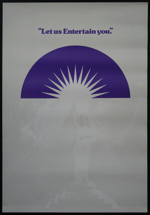 a poster with a person holding a purple circle and a white sun