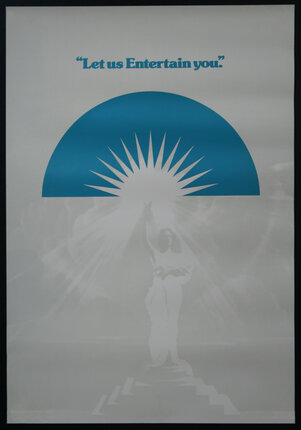 a poster with a woman holding a blue and white sun