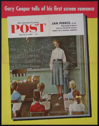 a magazine cover with a woman standing in front of a chalkboard