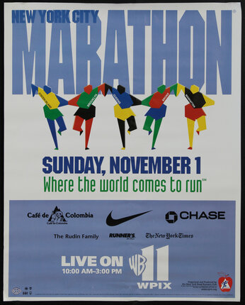 a poster with a group of people running