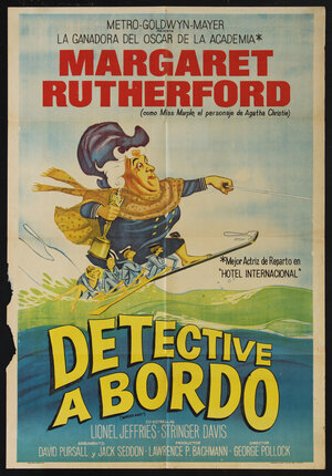 movie poster with a caricature of actress Margaret Rutherford on water skis holding an Oscar statuette in one hand