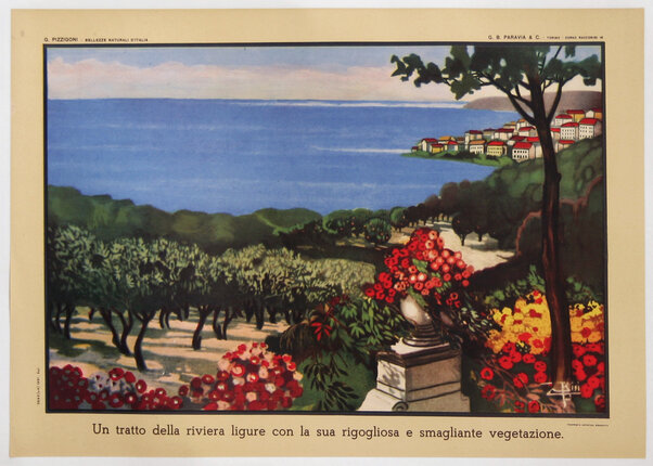 a poster of a garden with a view of the sea and town