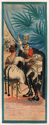 a woman in white dress sitting on a chair with a man in a white hat