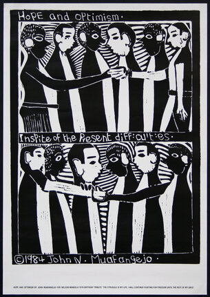a black and white poster with black and white images of people