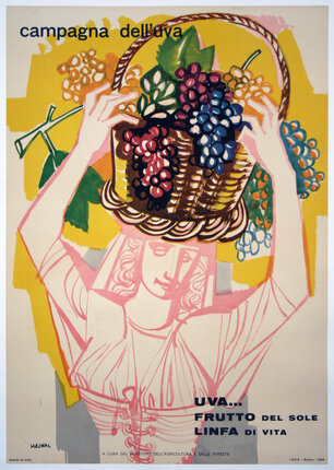 a poster of a woman holding a basket of grapes