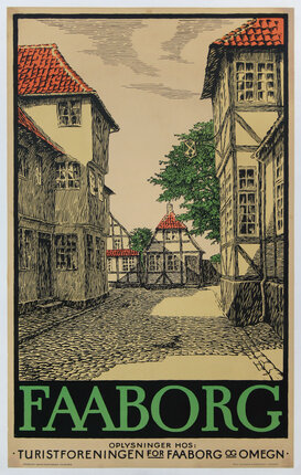 a poster of a street with buildings and trees