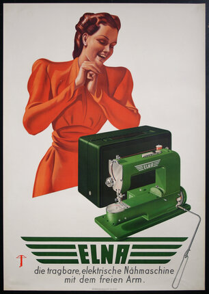 a woman in an orange dress and a green sewing machine