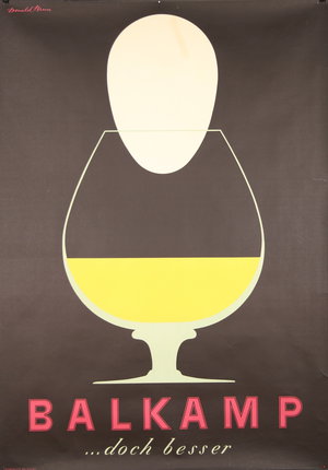 a poster with a glass of liquid and a white egg