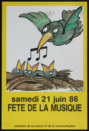 a poster of a bird singing into a nest