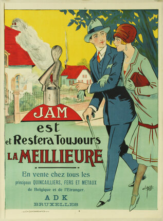 a poster of a man and woman walking