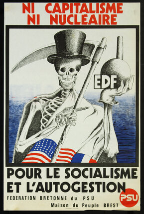 a poster with a skeleton holding a scythe and a flag