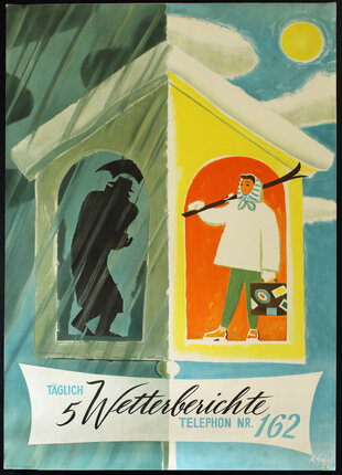 a poster of a man in a white coat and a yellow building with a person in the window