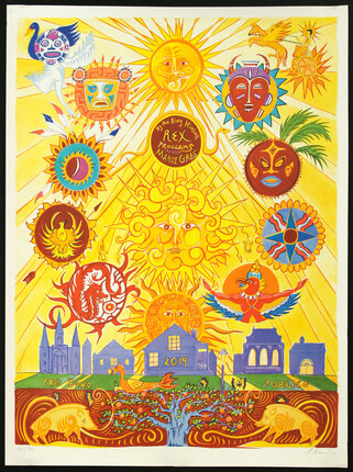 a poster with sun and birds