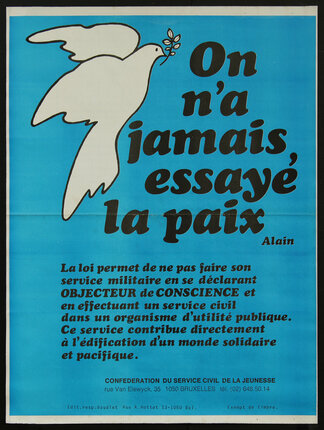 a blue poster with a white bird and black text
