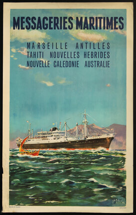 a poster of a ship in the ocean