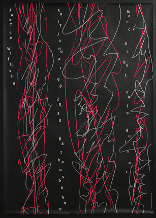 poster with squiggly lines and type raining down in columns