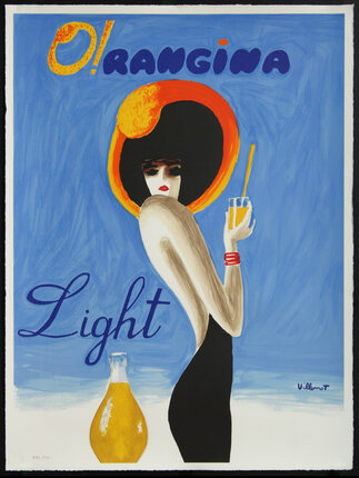 a poster of a woman holding a glass of orange juice