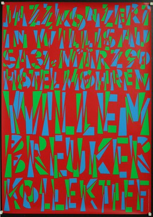 a red and blue poster with different letters