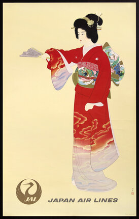 a painting of a woman in a kimono holding fan