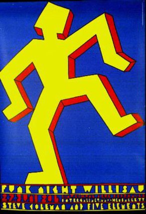 a yellow and red figure on a blue background